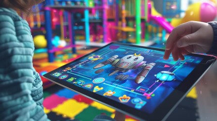 A child plays on a tablet featuring a colorful robot app, set in a vibrant and playful environment. AI generated.