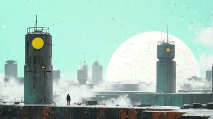 Mysterious landscape featuring futuristic towers under a large glowing sun in a snow-laden setting. Generative AI