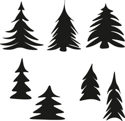 set of Christmas trees. Drawing of various pine trees in cartoon form