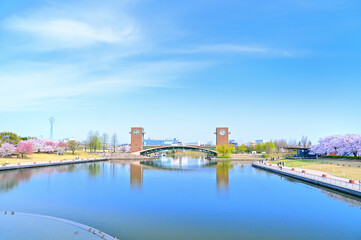 Fototapeta premium Scenery of Fugan Unga Kansui Park in spring, Toyama, Japan