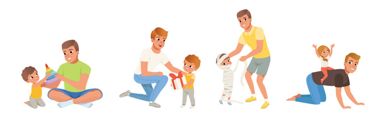 Father and Child Spending Time Together Enjoy Recreation Vector Set