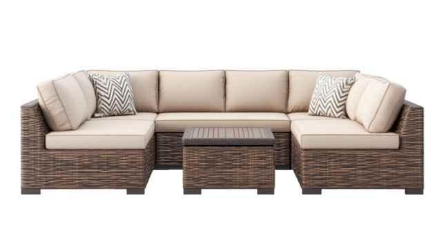 Sectional outdoor patio white sofa with corner table and ottoman isolated on transparent background