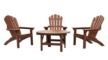Beach-style patio set with Adirondack wooden chairs and table isolated on transparent background