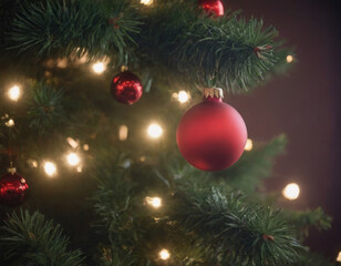 Ramo di albero di Natale con luci e palline colorate.