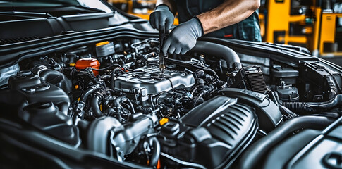 Mechanic fixing car engine in garage for car repair service. Concept Car Repair.