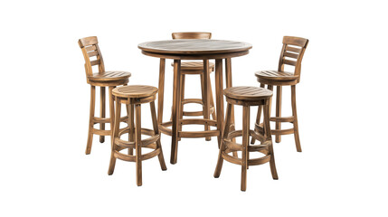 Five-piece wooden patio bar set with stools and high table isolated on transparent background