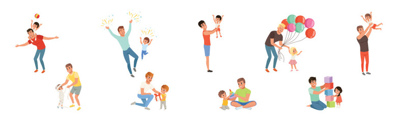 Father and Child Spending Time Together Enjoy Recreation Vector Set