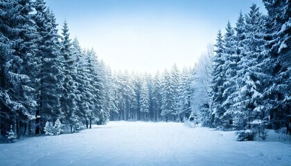 Fototapeta premium Snowy forest scene in shades of white and light blue, pine trees with frost at the edges, and a soft focus blank center