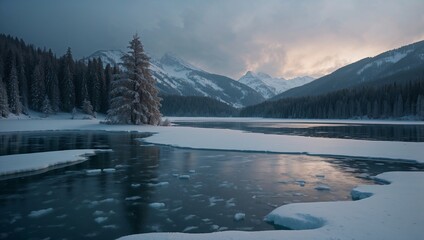 A large, glistening frozen lake surrounded by snowy hills with low light Sun rice
