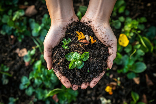 Close-up of hands holding compost with composted soil, organic waste, nurtured earth.