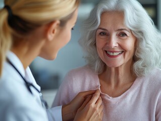 Cheerful Senior Woman with Caring Nurse in Bright Medical Setting