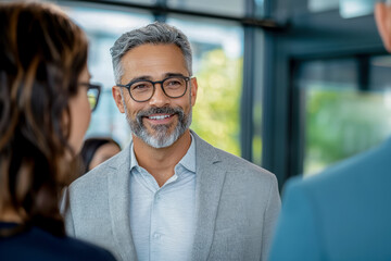 Portrait of a leading specialist of an architectural bureau talking to customers in a bright modern office