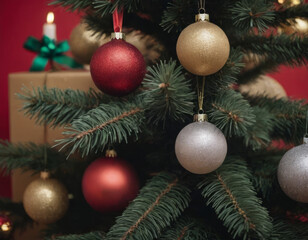 Ramo di abete con palline natalizie rosse e dorate.