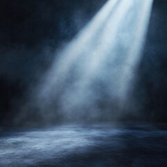 Mysterious dimly lit stage with dramatic shafts of light piercing through fog.