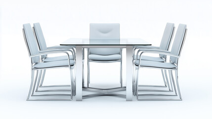 Aluminum dining set with six chairs and glass table isolated on white background
