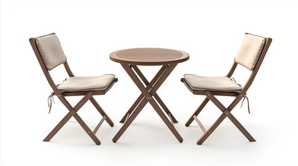 Balcony furniture set with compact wooden chairs white cushions and folding table isolated on white background