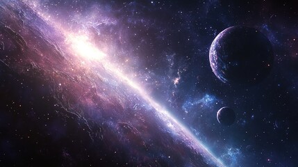 Obraz premium A stunning cosmic scene featuring vibrant galaxies, stars, and planets, showcasing the vastness and beauty of the universe.