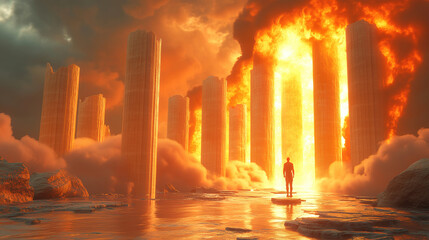 Mysterious figure stands before towering pillars engulfed in flames at sunset. Generative AI