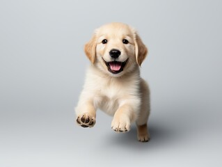 Playful golden retriever puppy jumping in studio adorable pet joy