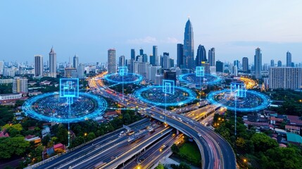 Fototapeta premium A conceptual image of a smart digital city with globalization, highlighting a connection network. It symbolizes the future of 5G smart wireless cities and social media networking systems.