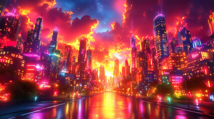 Obraz premium Vivid sunset over a futuristic cityscape with glowing skyscrapers and colorful reflections on the water. Generative AI