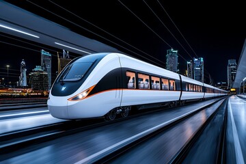 Naklejka premium A high-speed train with vibrant light trails zips by quickly. Smart technology represents the future. Innovation concept. Created with generative AI.