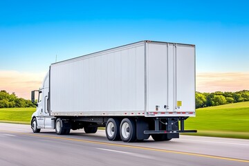 A generative AI depiction of the logistics, import/export, and cargo transportation industry, showing a container truck on a highway at sunset against a blue sky.