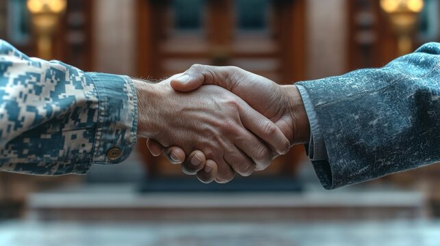 Veteran shakes hands with a supporter at the courthouse during a community recognition event