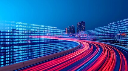 Screaming data, binary information flowing on a digital highway - a 3D illustration of the Digital Code road concept.