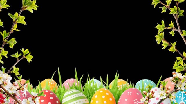 Grass grows from below, beautiful Easter eggs appear on it, tree branches with flowers grow on the sides. Concept of spring and Easter. Empty space for text. Smooth animation on transparent background