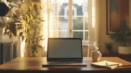 Fototapeta premium A modern laptop on a wooden table, coffee, notes, and plants create a cozy, inspiring workspace.