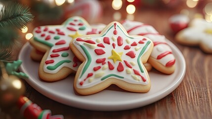 A festive plate of decorated Christmas cookies featuring colorful icing designs and a cozy holiday ambiance.