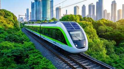 Naklejka premium Representing sustainable transport, a high-speed train powered by renewable energy features solar panels installed along the track.