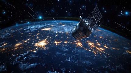 A satellite orbits Earth, surrounded by a stunning view of city lights and shooting stars in a vast night sky.