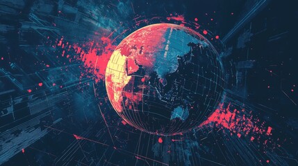 A digitally created globe showcasing a vibrant, colorful representation of Earth with data streams.