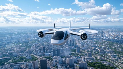 An advanced airborne vehicle gliding over a vibrant city, emphasizing the future of urban mobility, design innovation, and modern travel concepts.