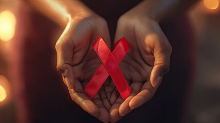 Close-up of a Black woman's hands holding a red ribbon symbolizing HIV awareness.