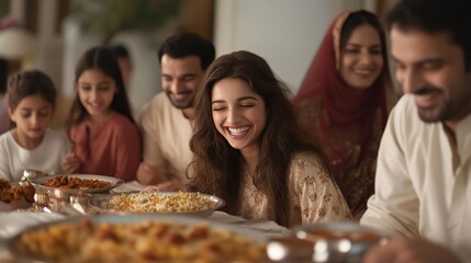 Happy family enjoying a meal together at home.