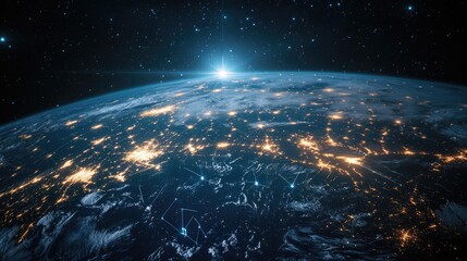 Obraz premium A stunning view of Earth from space, illuminated by city lights against a starry backdrop as the sun rises.