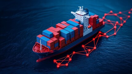 A 3D digital rendering of a polygonal wireframe cargo ship, connected to a global network, set against a blue background.