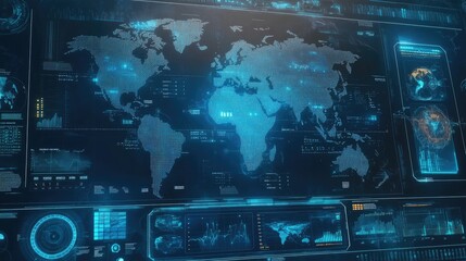 Futuristic digital world map with glowing data visuals and charts.