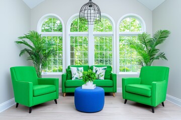 A vibrant living room adorned with green plants and an eco-friendly design, promoting sustainable living.