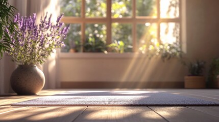 Peaceful yoga mat in a sunlit room with lavender.