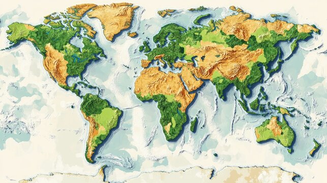 A detailed physical map of the world showcasing mountains, forests, and rivers in vibrant colors.