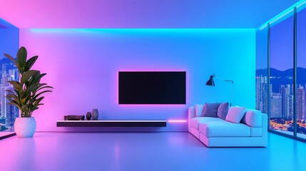 An intelligent home interior featuring energy-saving appliances, a solar panel display, and eco-friendly design.