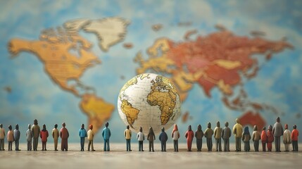 A diverse group of miniature figures stands in admiration before a globe, symbolizing global unity and collaboration.