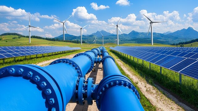 A futuristic hyperloop train traversing a snowy mountain landscape, surrounded by wind turbines.