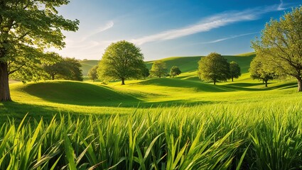 Naklejka premium Lush green hills and meadows under clear blue sky