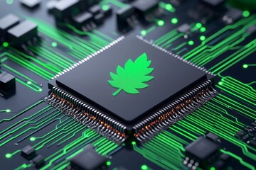 A green microchip featuring a leaf motif represents eco-friendly technology and sustainable innovation within the tech sector.