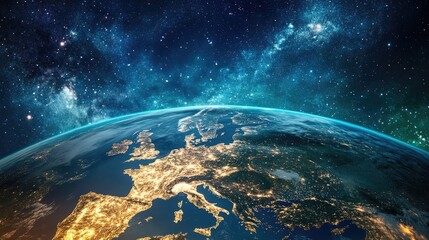 A breathtaking view of Earth at night, showcasing illuminated Europe against a backdrop of stars and galaxies.